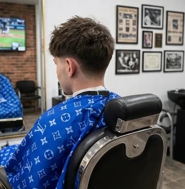 Blue patterned shirt chair view