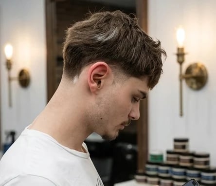 Side profile of a young man with a modern textured haircut in a bathroom with wall sconces